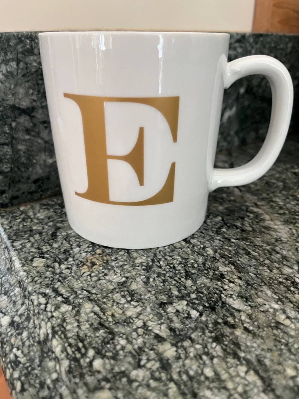White Ceramic Mug with Gold 'E' Monogram
